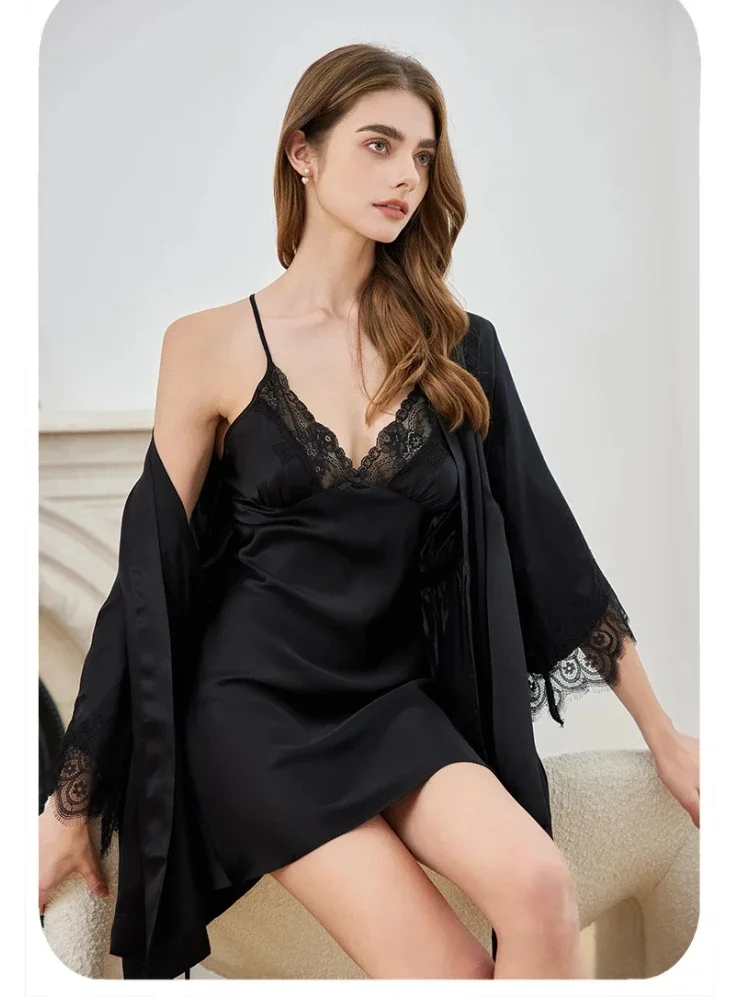 Women's Silk Camisole Dress & Robe Set Sexy Lace Trim 100% Mulberry Silk Kimono Bathrobe Pajamas 2-Piece Loungewear Bridal Robe