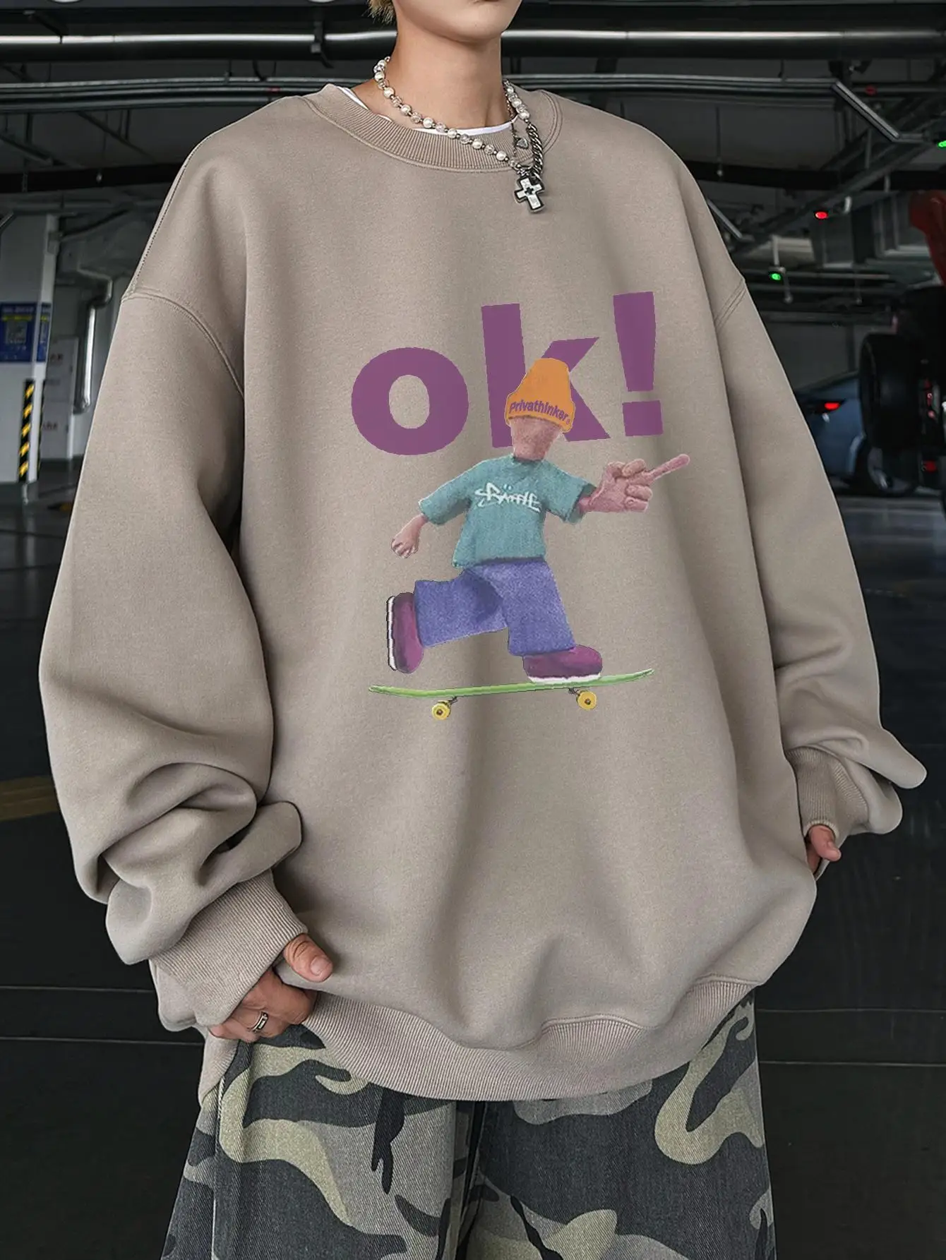 OK Print Man High Street Style Pullovers Oversize Hoodies Kpop Unisex Y2k Designer Brand Clothing Drop Shoulder Male Pullovers