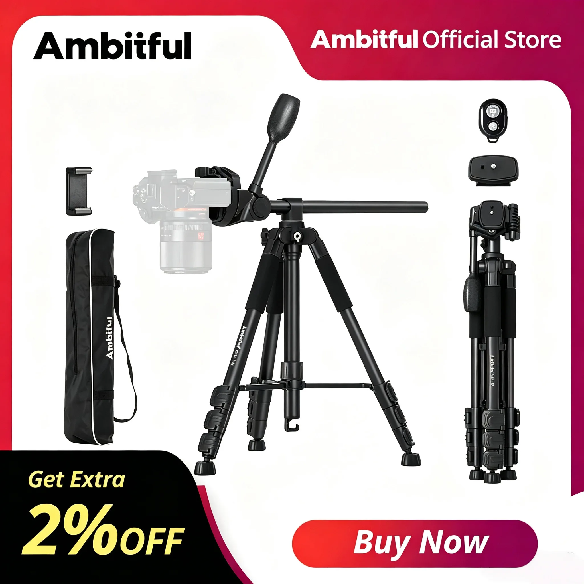 Trépied portable professionnel pliable Ambitful 158cm GM150 + support de téléphone pour appareil photo reflex numérique, téléphone, GoPro, caméscope