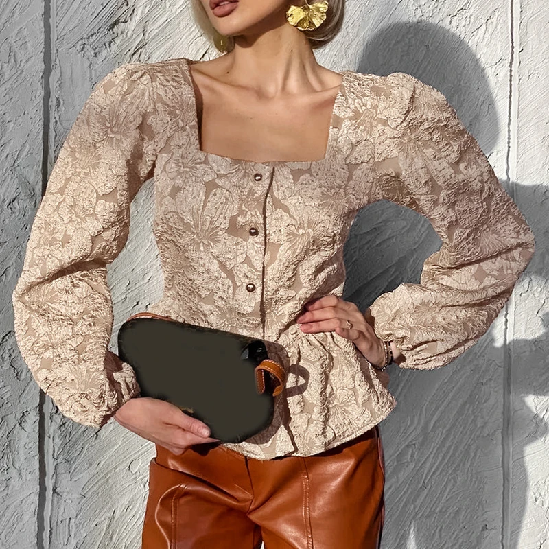 

Spring Women's Square Collar Long Sleeved Party Blouses Jacquard Button Slim Fit Commuting Top Elegant Solid Color Pleated Shirt