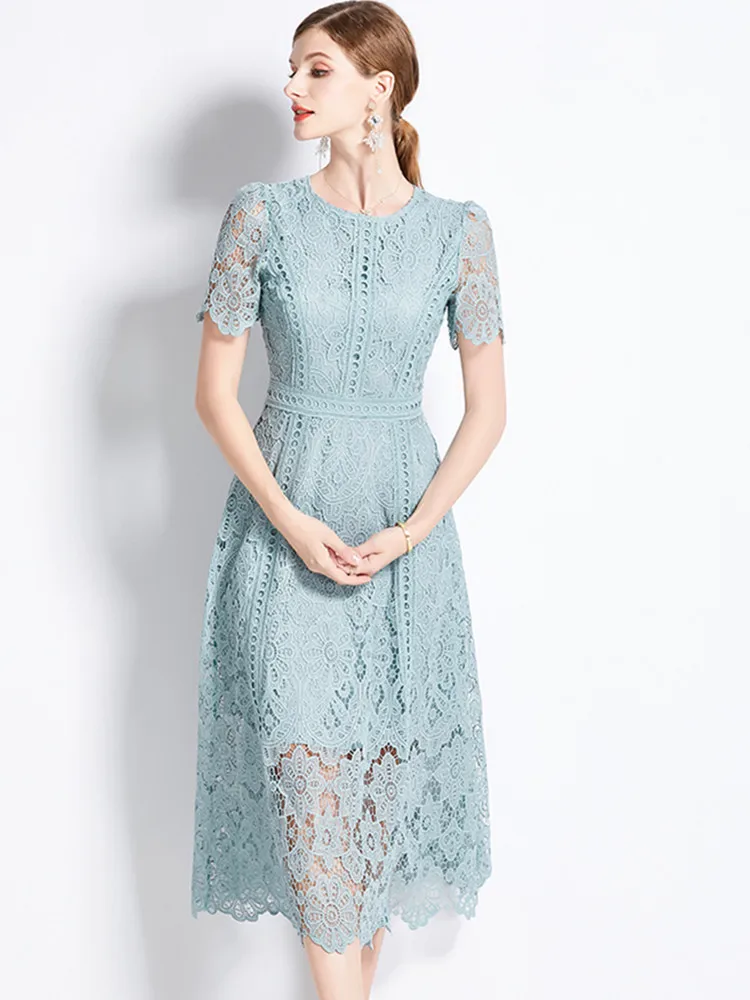 SMTHMA Vintage High-End O-Neck Short Sleeve Lace Hollow Out Dress For Women\'s Summer Slim Elegant Long Dress Female Clothing