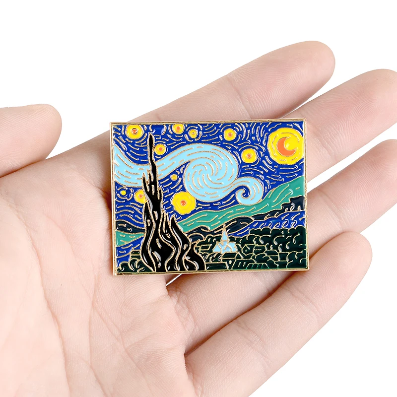 The Starry Night Enamel Pin Custom Van Gogh Oil Painting Brooch for Shirt Lapel Bag Art Badge Artist Jewelry Gift for Friends