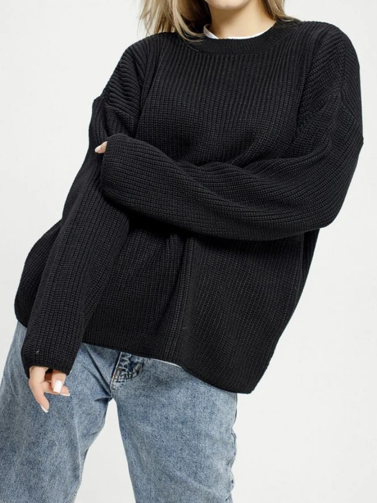 Autumn Winter New Round Neck Pullover Loose Jumper Long-sleeved Solid Colour Fashion Knitwear Streetwear Basic Sweater Women