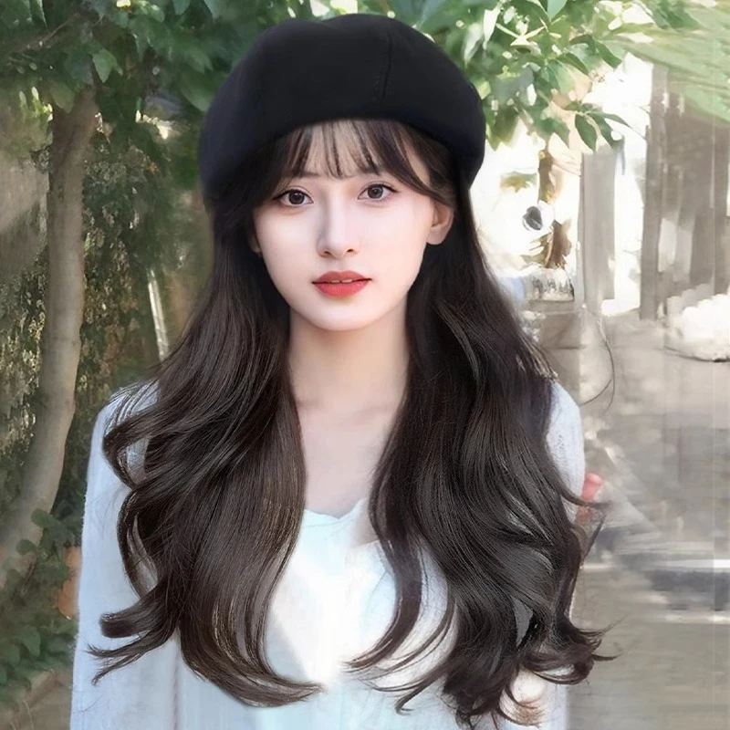 

Beret synthetic short wig cap with natural hair color black brown wig, suitable for women's wool products