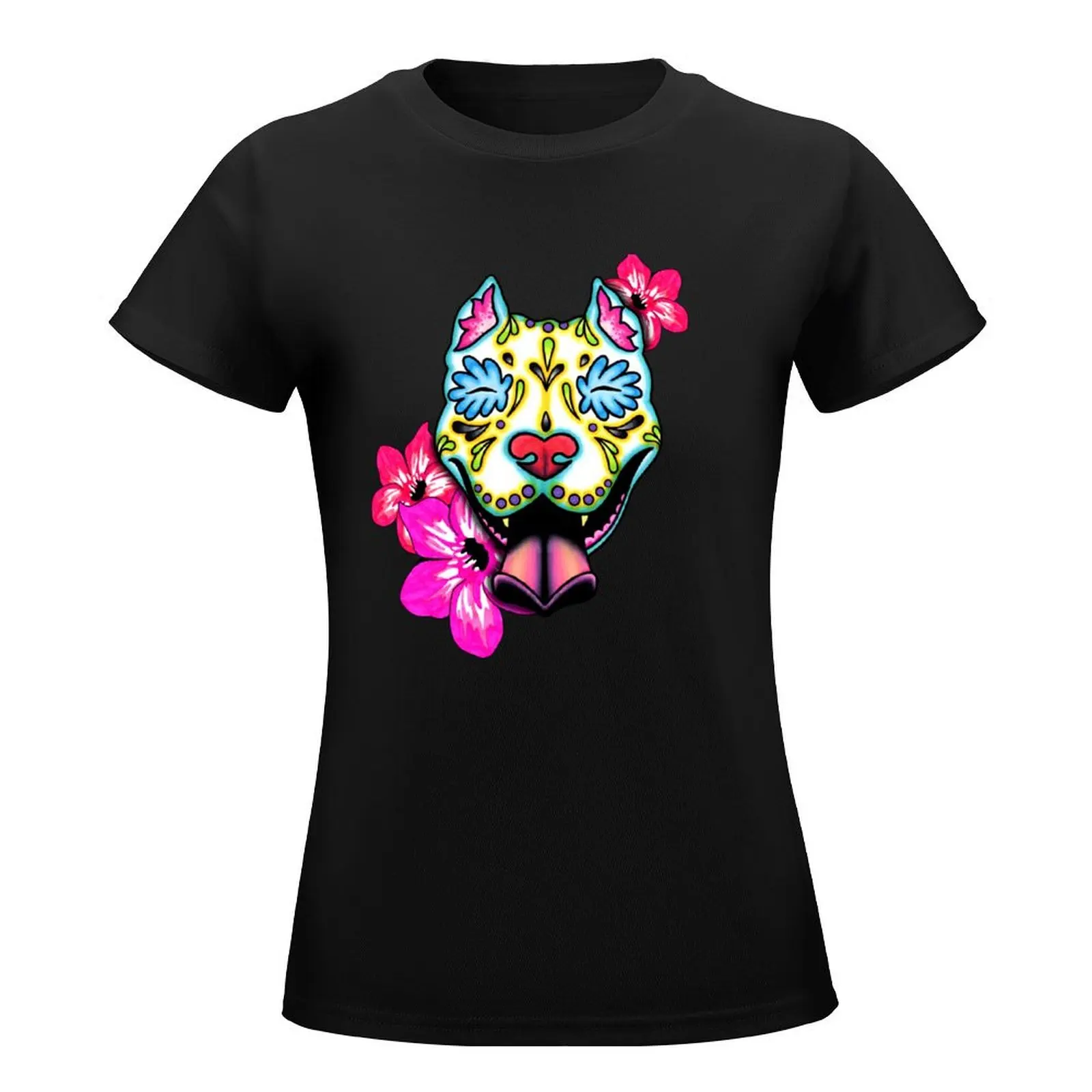 Slobbering Pit Bull - Day of the Dead Sugar Skull Pitbull Dog T-Shirt hippie clothes graphics ariat shirts for Women