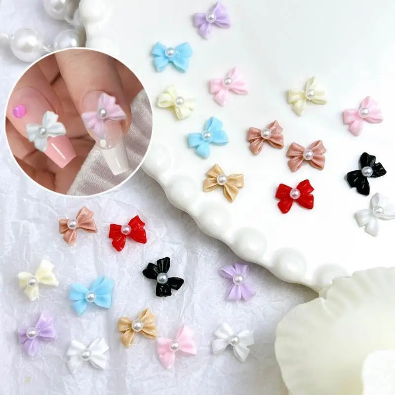 30PCS Solid Color Resin Ties Nail Art Charms Minimalist Simulated Pearl Iinlay Glossy Bow Nail Decorations for DIY Fairy Nails