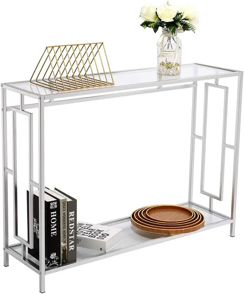 

2-Tier Glass Console Table, Sofa Side Table with Tempered Glass Top for Home Office, Hallway Narrow Table , Crossing Porch Table