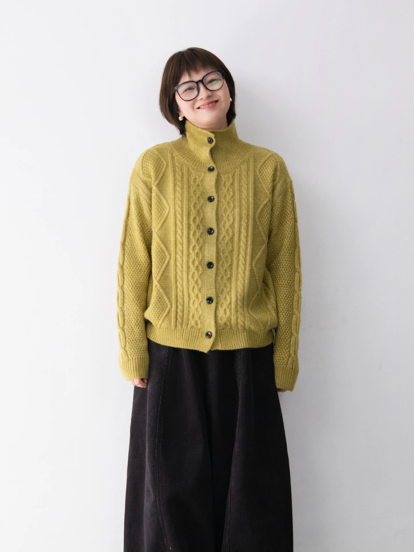 

Мягкий, приятный к телу кардиган из 64% шерсти с высоким воротом, теплый, вязаный, с узором косы, женский, для многослойных образов, художественный свитер-топ