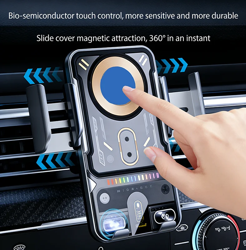 

Auto-Clamping Car Wireless Charger Phone Holder Stand Touching 360 Rotation RGB Fast Charging Bracket For iPhone 17-12 Pro Max