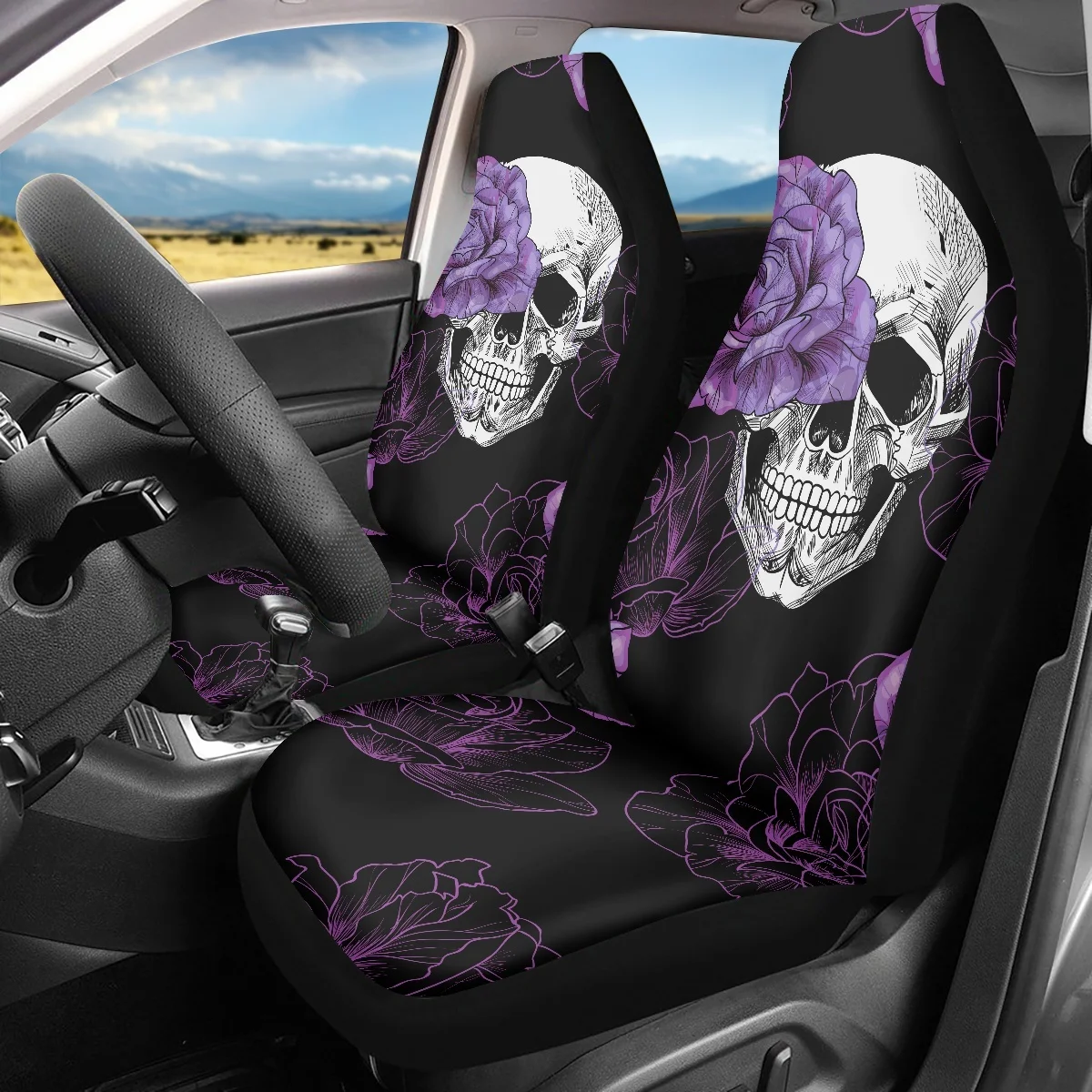 Vehicle Seat Covers Set of 2 Purple Rose Gothic Skull Design Universal Car Front Seat Cover Anti-Slip Seat Protector Elastic