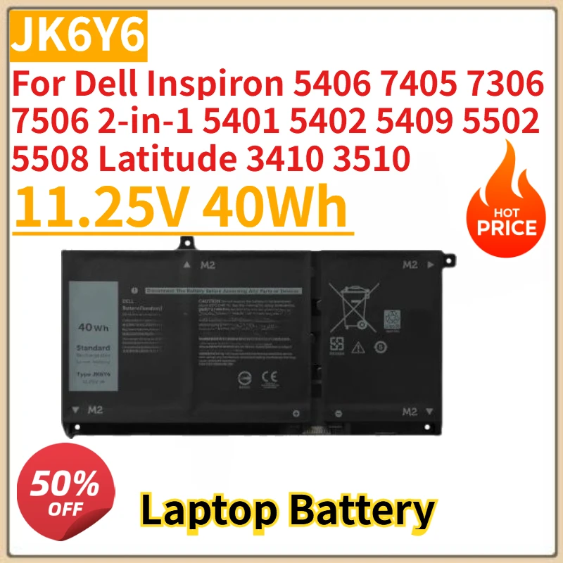 JK6Y6 H5CKD Battery 11.25/15V 40/53Wh for Dell Inspiron 5406 7405 7306 7506 2-in-1 5401 5402 5409 5502 5508 Latitude 3410 3510