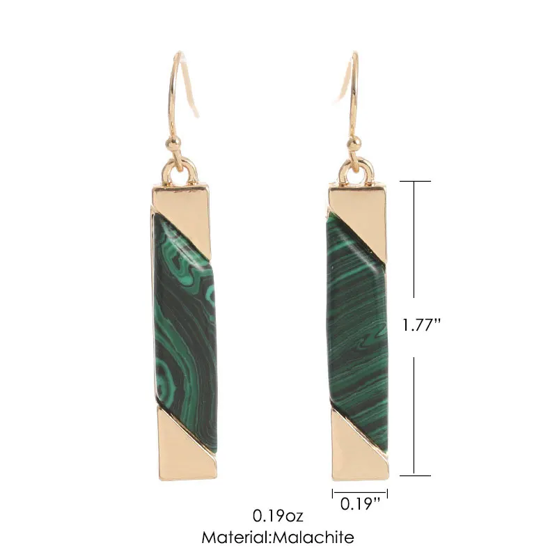 Gold Tone Plated Malachite Long Bar Dangle Earrings Natural Stone Rectangle Strip Drop Earrings for Women