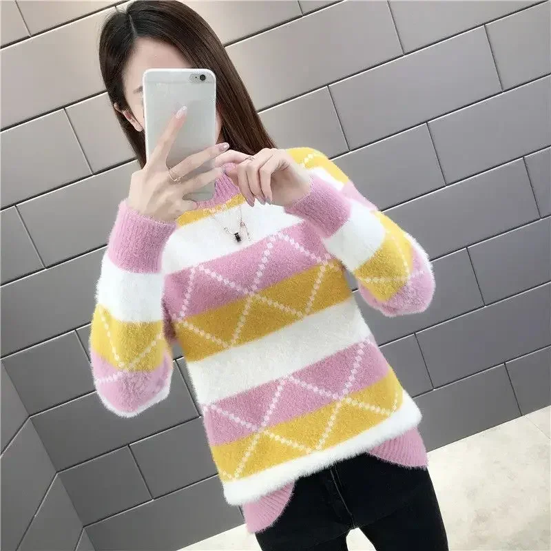 Women's Sweater Pullovers Knit Tops for Woman Striped Pink Cold Winter Y2k Fashion Korea Korean Style Modern 2024 New Collection