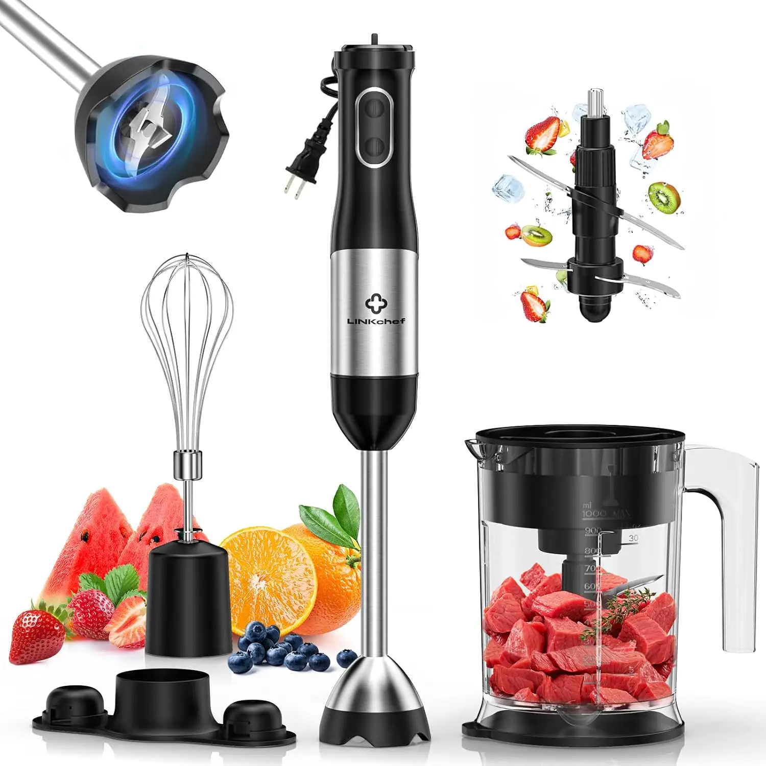 

4-in-1 Immersion Blender Handheld, 800W with Titanium Steel Blades, 20 Speeds & Turbo Mode