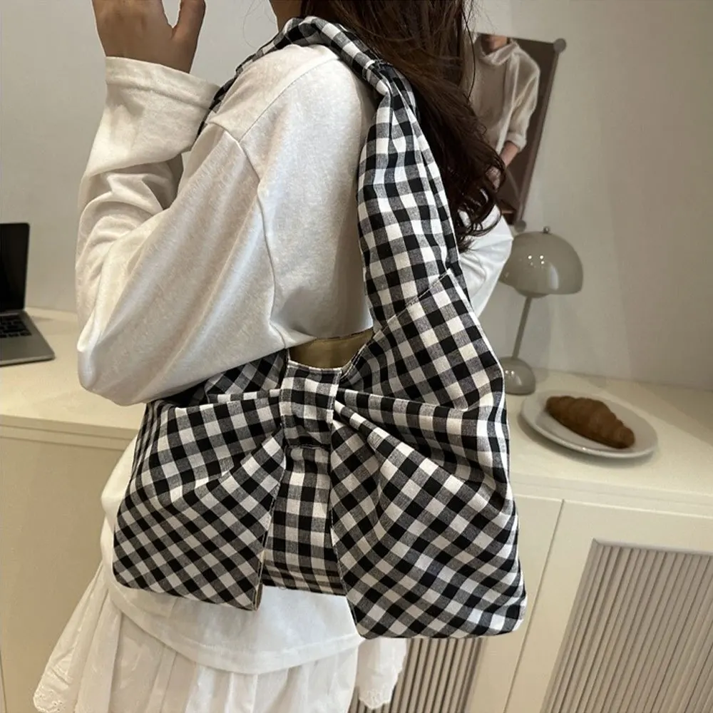 

Korean Style Bowknot Shoulder Bag For Women's, New Simple Plaid Large Capacity Tote Bag, Bow Design Simple Handbag