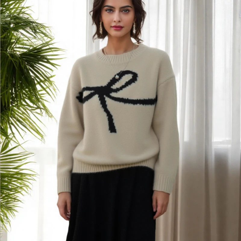 

Свободный свитер с милым бантом, осенний пуловер с круглым вырезом и длинными рукавами, элегантный вязаный топ, модный повседневный женский трикотаж