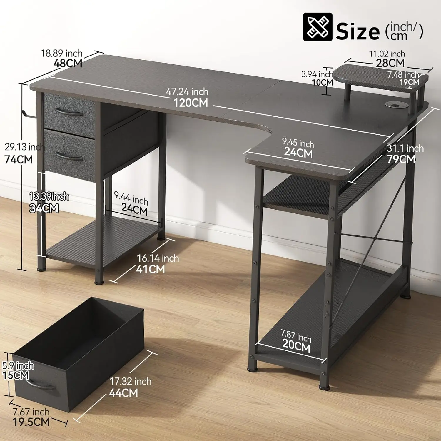 Gaming Desk with Drawers, Carbon Fiber Style L Shaped Computer Desk Compatible with Monitor Arm Corner Desk Gaming