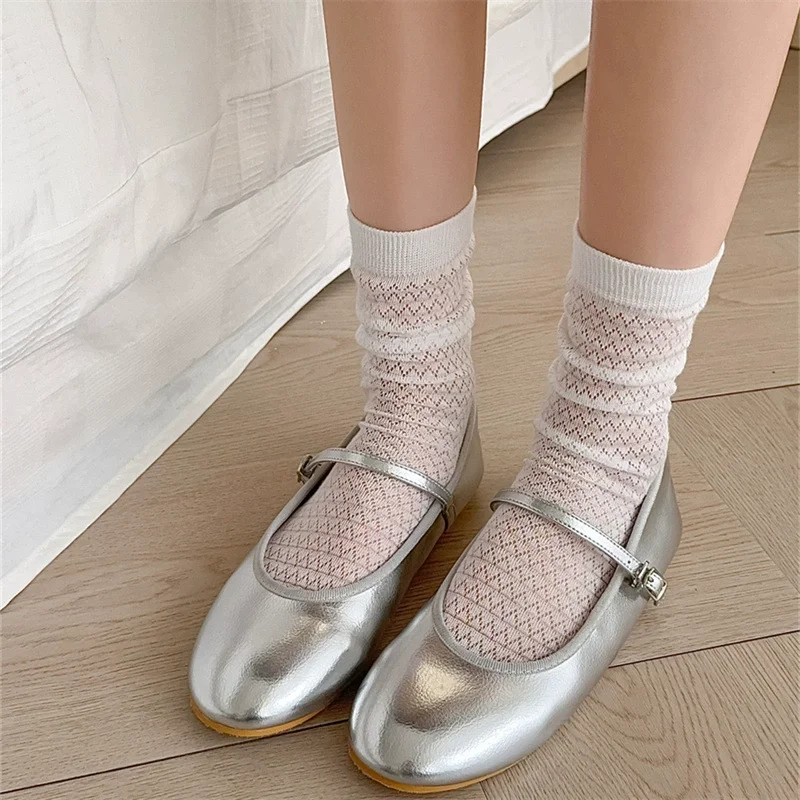 Summer Thin Women Socks Hollow Out Mesh Breathable Lace Socks JK Japanese Style Solid Color School Girls Kawaii Loose Long Socks