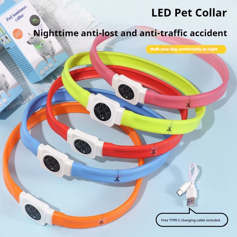 USB Type-C Rechargeable LED Silicone Pet Collar Cuttable Luminous Dog Cat Collar 3 Flash Modes Waterproof Night Walking Anti-Los