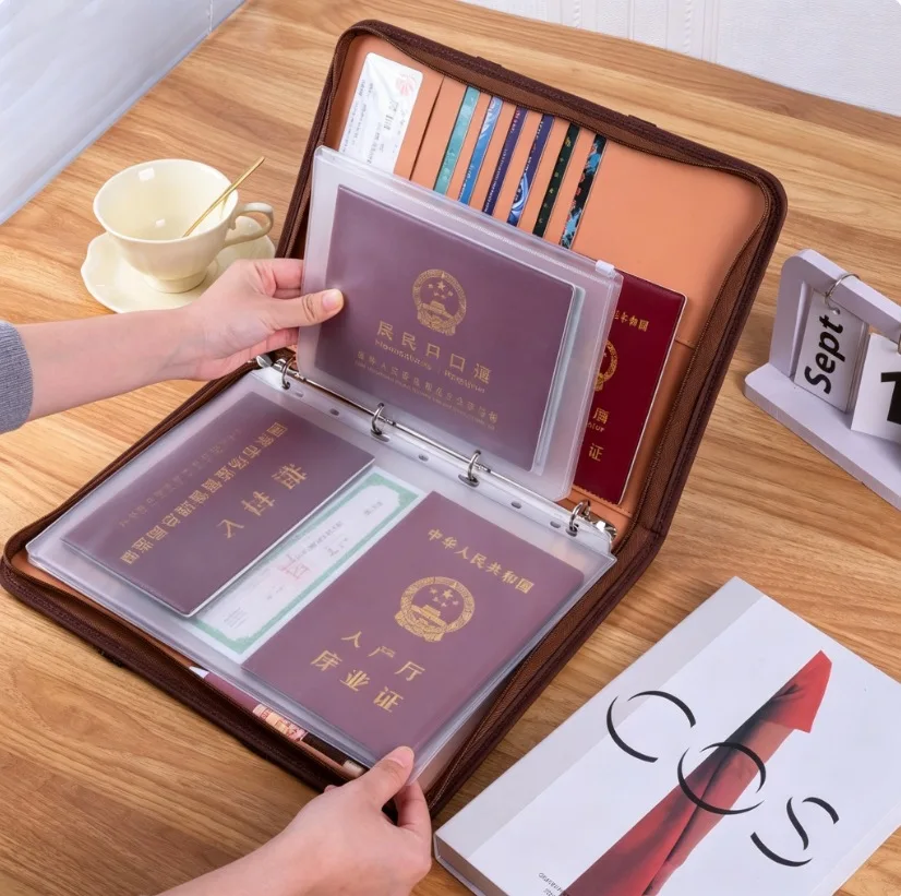 A4 Multi Compartment Document Organizer Binder with Leather Cover 40 Inner Page Sleeves Zipper Pouch Set for Family