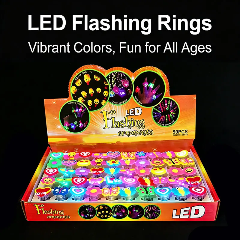 25/50pcs Cartoon LED Luminous Finger Rings Animal Flower Light Up Finger Ring Toys Glowing Rings Glow in The Dark Party Supplies