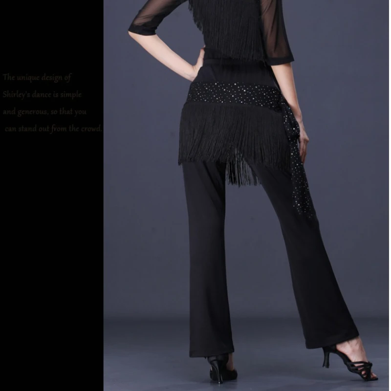 Trajes de dança quadrada fio brilhante emenda novo preto novo sexy borla calças longas femininas dança latina pano prática feminina