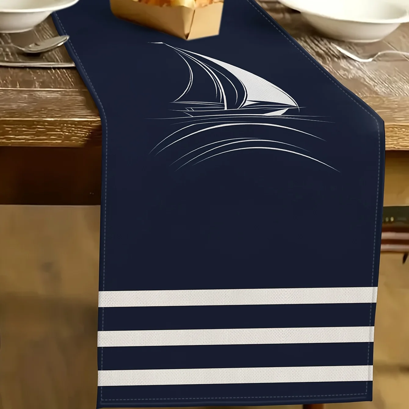 1pc Nautical Sailing Boat Table Runner - Navy Blue with White Stripes & Sailboat Design, Weddings, and Festive Celebrations