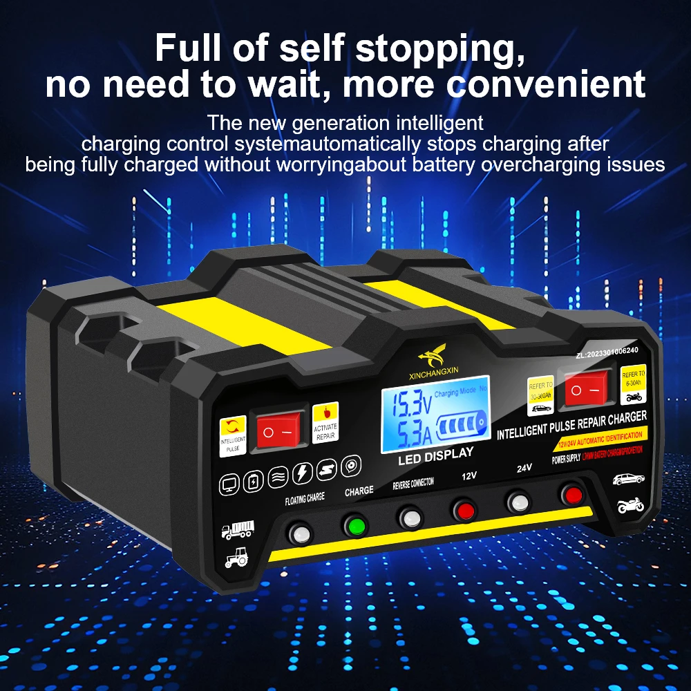 

300AH EU Plug Full Automatic Car Battery Charger 220W Intelligent Pulse Repair Battery Charger LCD Display For Wet Dry Lead Acid