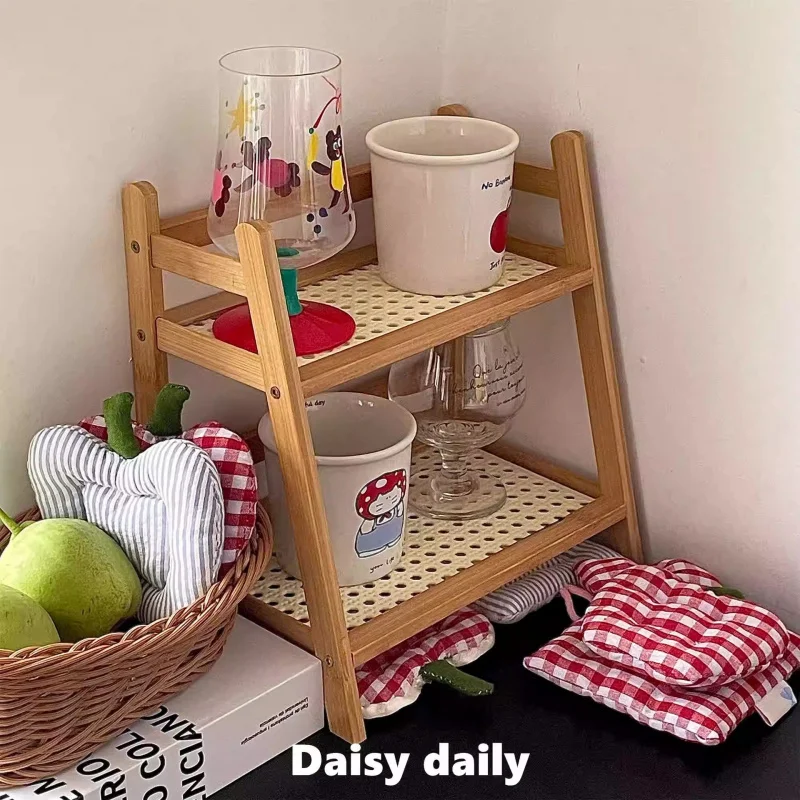 ins中国-古代籐色の二層デスクトップ収納ラック寮の寝室オフィスキッチンカップホルダー整理