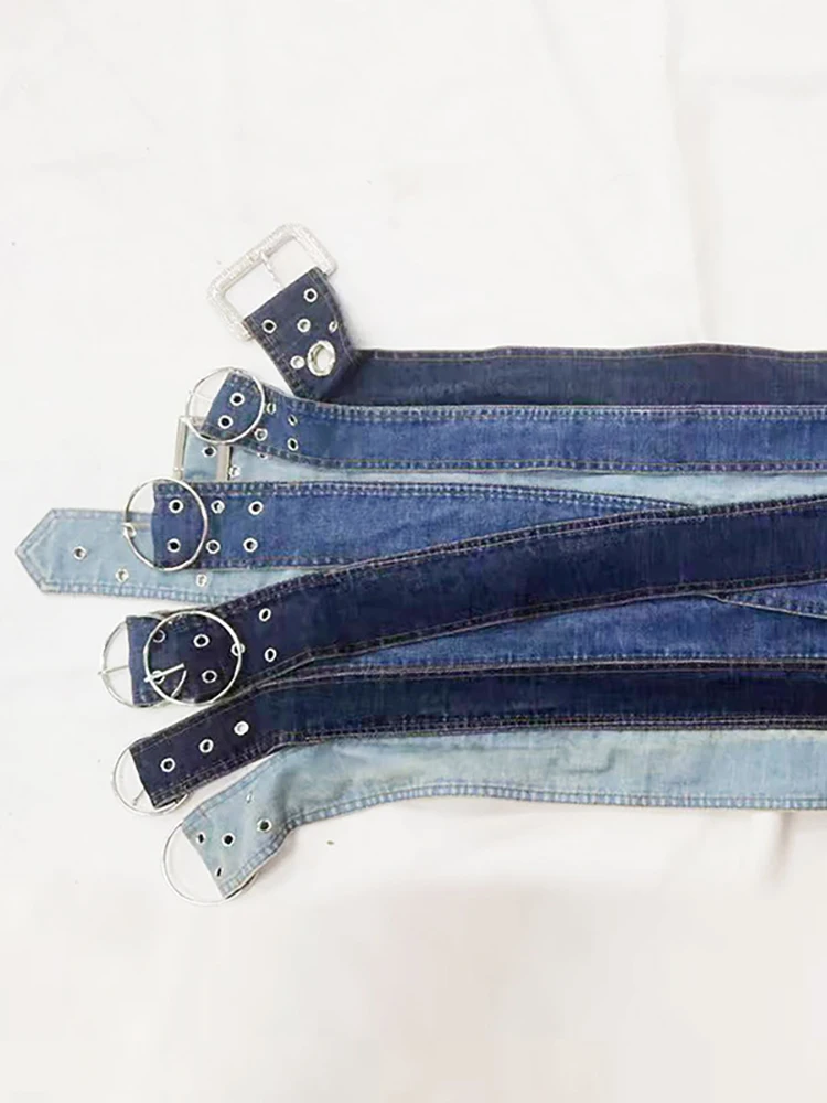 DEAT Women\'s Denim Skirt Low Waist Irregular Multiple Belts Hollow Out A-line Cool Mini Skirts 2024 Spring New Fashion 7AB767