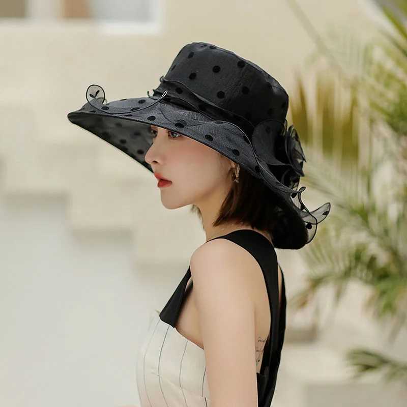 Elegant temperament Hat For Women Dot Chiffon Bucket Hat Organza breathable Beach Hat summer big eaves sunshade fisherman hat