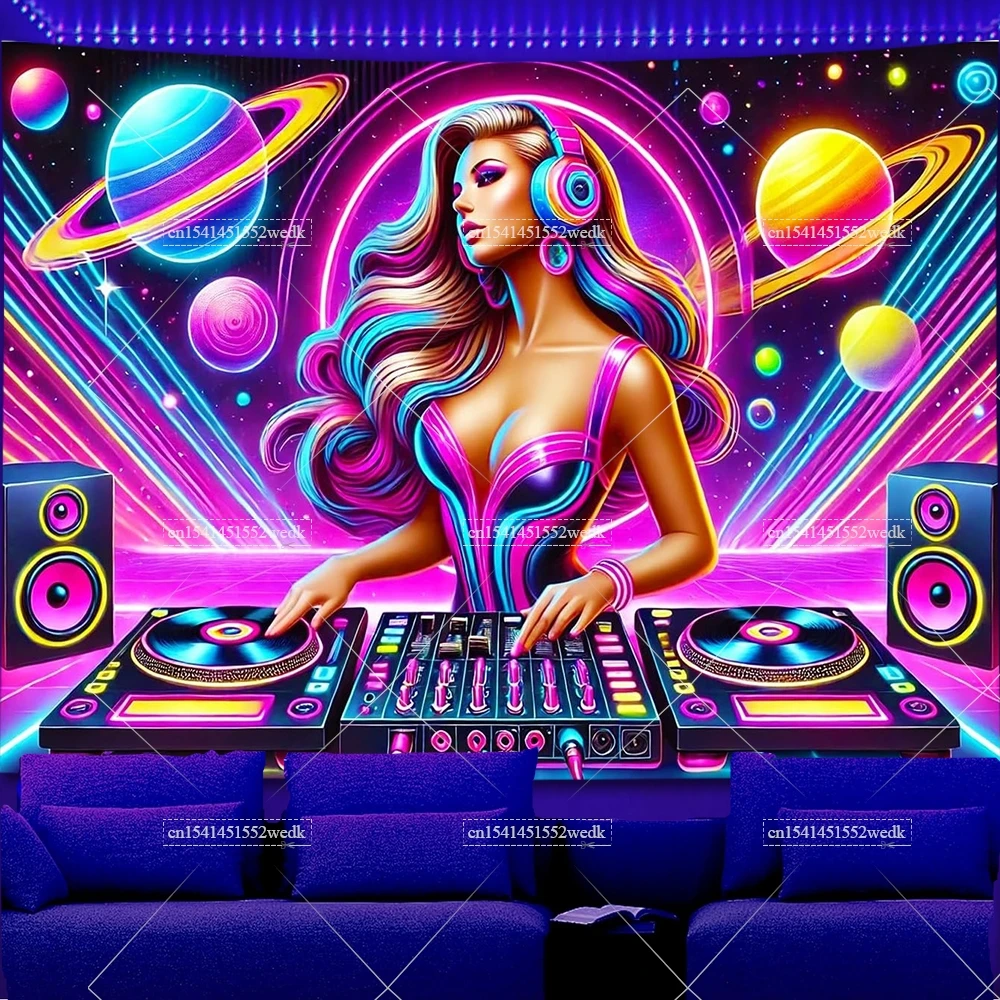 UV Reaktive DJ Frauen Schwarzlicht Tapisserie Galaxy Raum Leuchtende Wandteppiche Ästhetische Disco Fluoreszierende Party Hintergrund Wandbehang