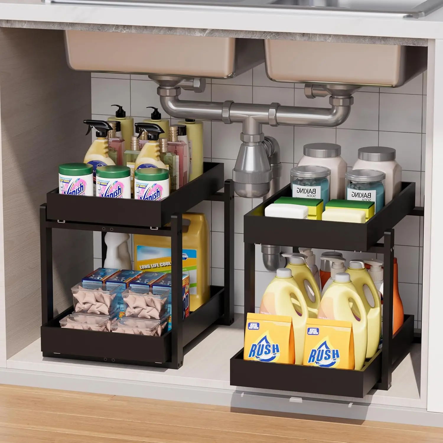 Bamboo Wood Under Sink Organizer 2 Pack, Pull Out Cabinet Organizer 2 Tier Under Sink Organizers and Storage with Sliding Dra