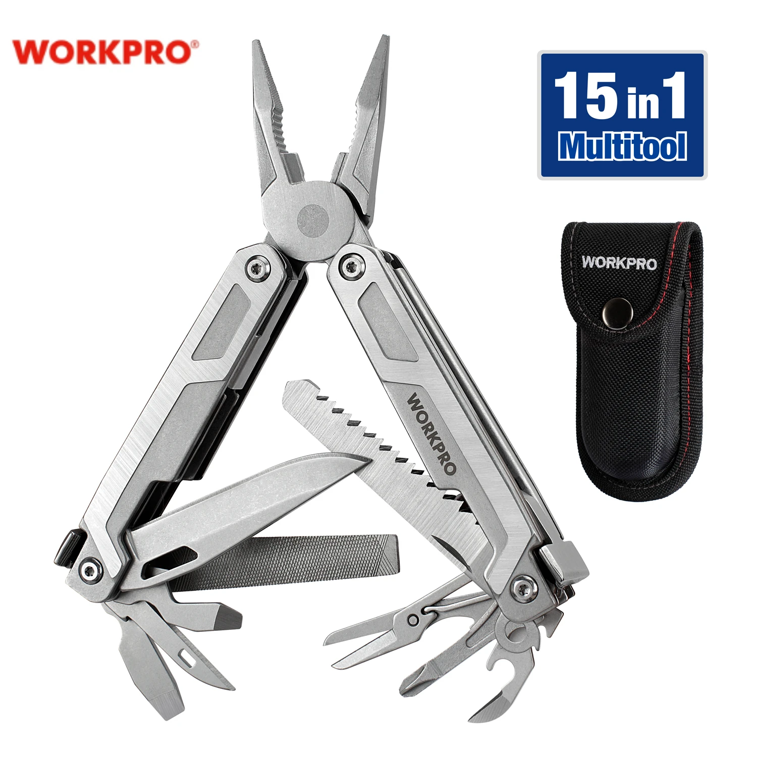 WORKPRO Multitool, coltello da tasca multiuso 15 in 1 con cacciavite, pinze Multitool per impieghi gravosi con blocco di sicurezza e guaina