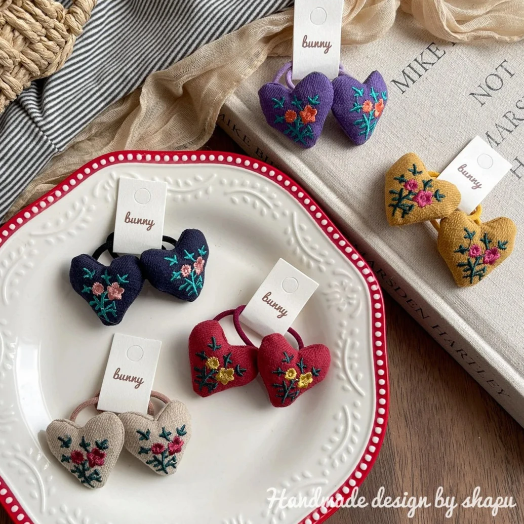 

Sweet Candy Color Heart Hair Ties Forest Embroidery Padded Elastic Bands Cute Ponytail Holders for Girls Toddler Daily Headwear