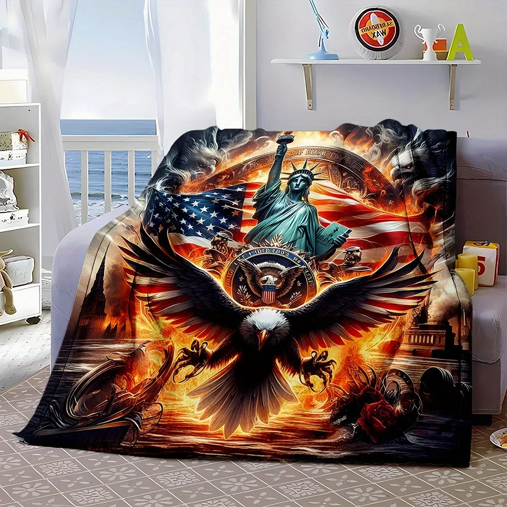 American Pride Statue Of Liberty Blanket Cozy Black Red Blue Patriotic Flannel Throw Blanket for Sofa Bed Living Room Blanket