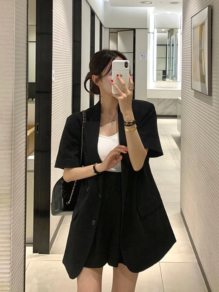 

Chic Summer Vintage ort Sve Suit Collar Wide Leg Casual orts Set Women's Faion Set High Waist Slimming Effect