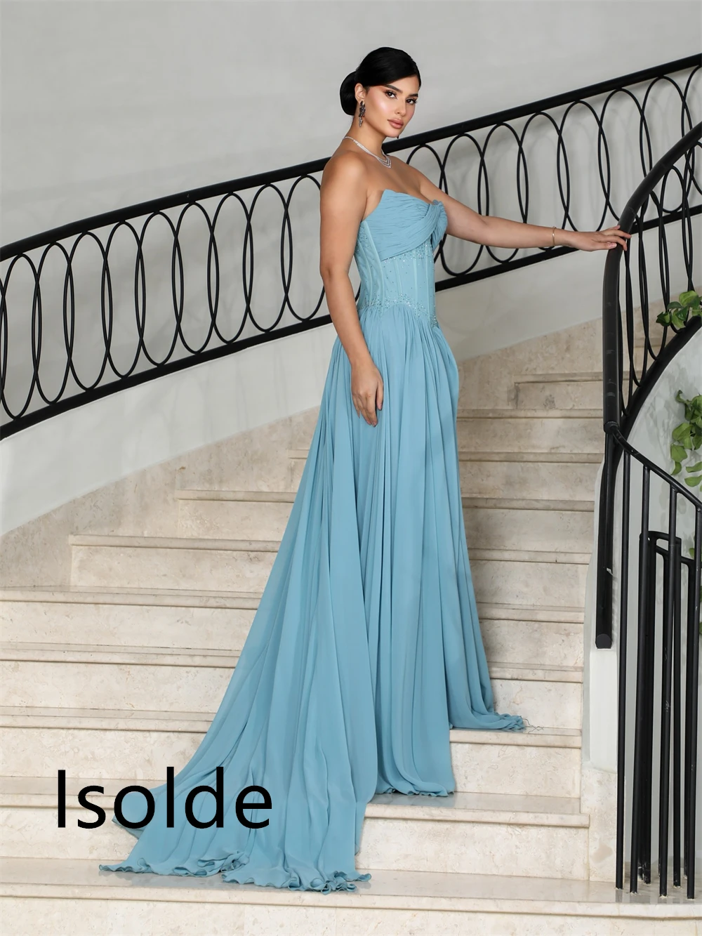 Vestido de noche de gasa azul suave personalizado, exquisitos vestidos de fiesta sin mangas sin tirantes, vestidos formales para ocasiones especiales