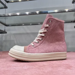 Dekherw High Top Shoes Women Leather Pink Horse Fur Ro 23ss New Thick Sole Increased Street Casual Sneakers Flat Ankle Boots Men