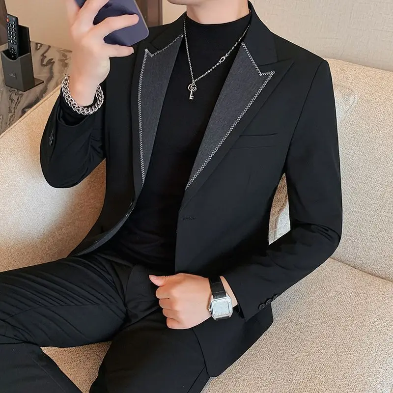 2-A81  Men's peaked lapel suit spring and autumn style high-end Korean style trendsome small stitching casual suit jacket