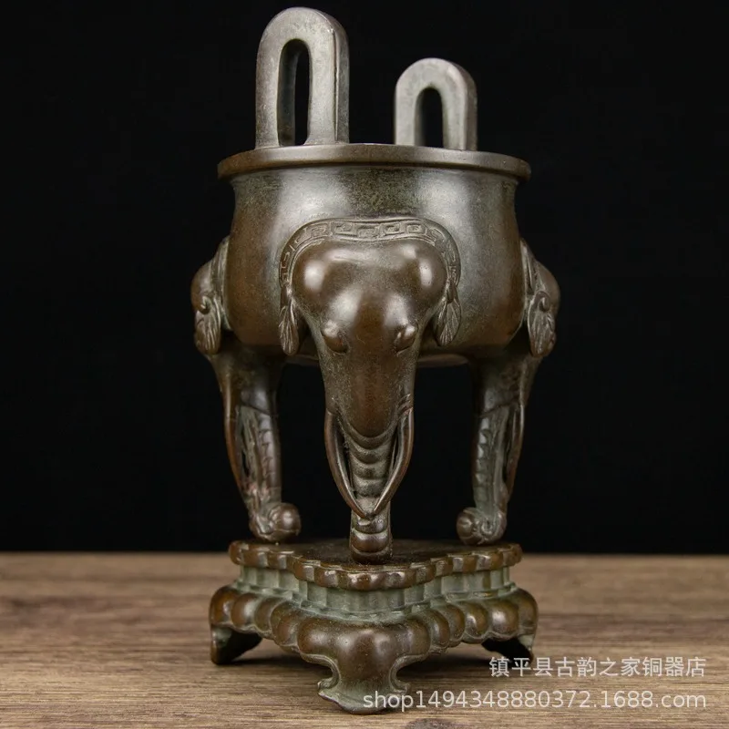 Pure Copper Peaceful Elephant Figurine Three-Legged Punching Ear Incense Burner Office Decoration