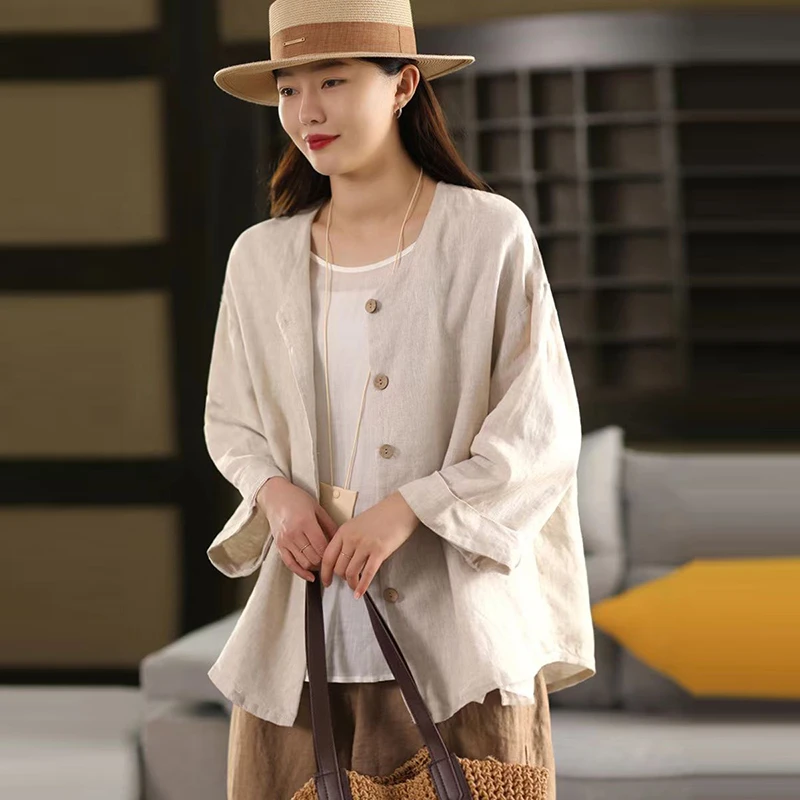 

100% льняные женские повседневные тонкие куртки, Новое поступление, лето 2022, винтажный стиль, однотонная свободная женская верхняя одежда с v-образным вырезом, пальто M953