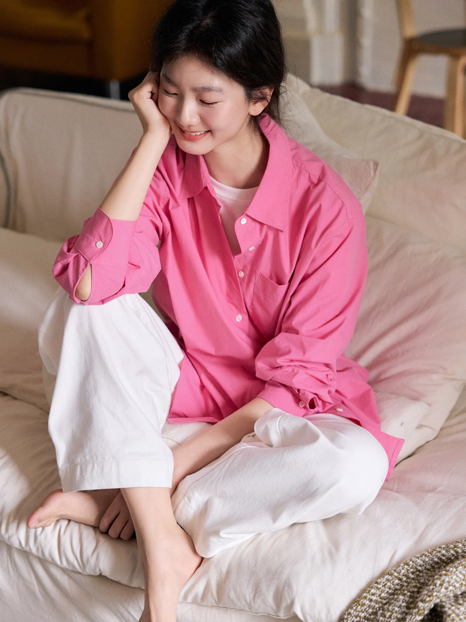 

Budapest Slimming Plum Pink Collared Wide Fit Shirt Casual Style Pure Cotton Long Sleeve Breathable Cool Sensation Women's Shirt