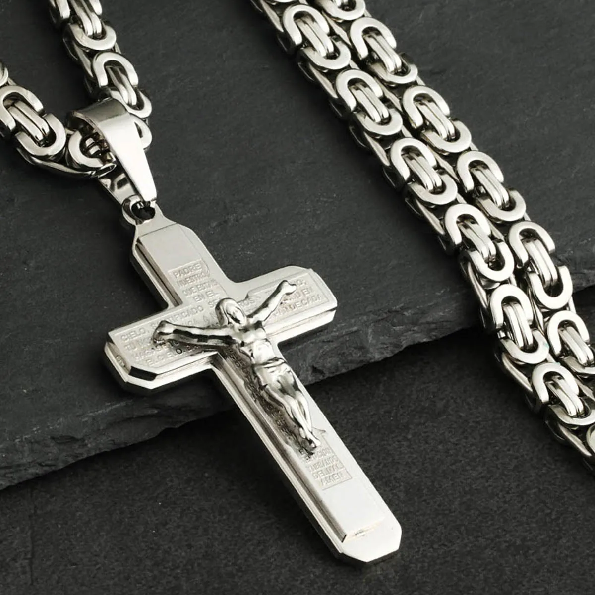 Christliches Kruzifix Jesus Christus Kreuz Halskette mit Bibel Edelstahl Byzantinische Kette Halskette Taufe Gebet Schmuck Männer – Detail 9