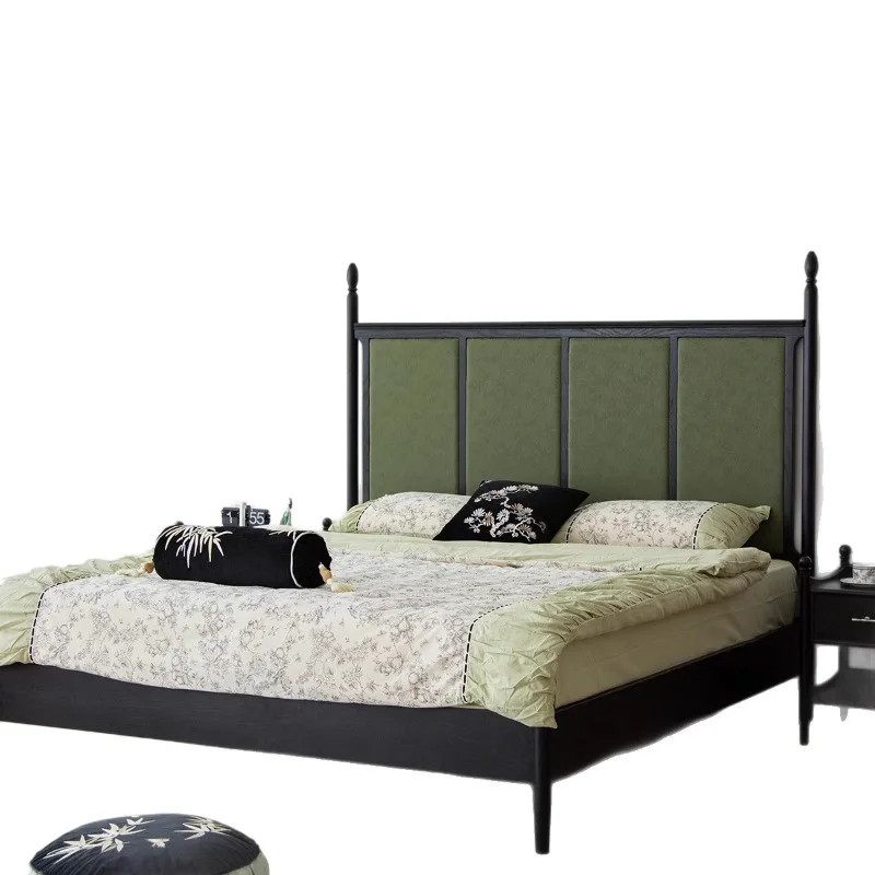 Medieval screen bed, retro fabric bed, master bedroom new Chinese 1.8 meters black antique wood French soft bag bed