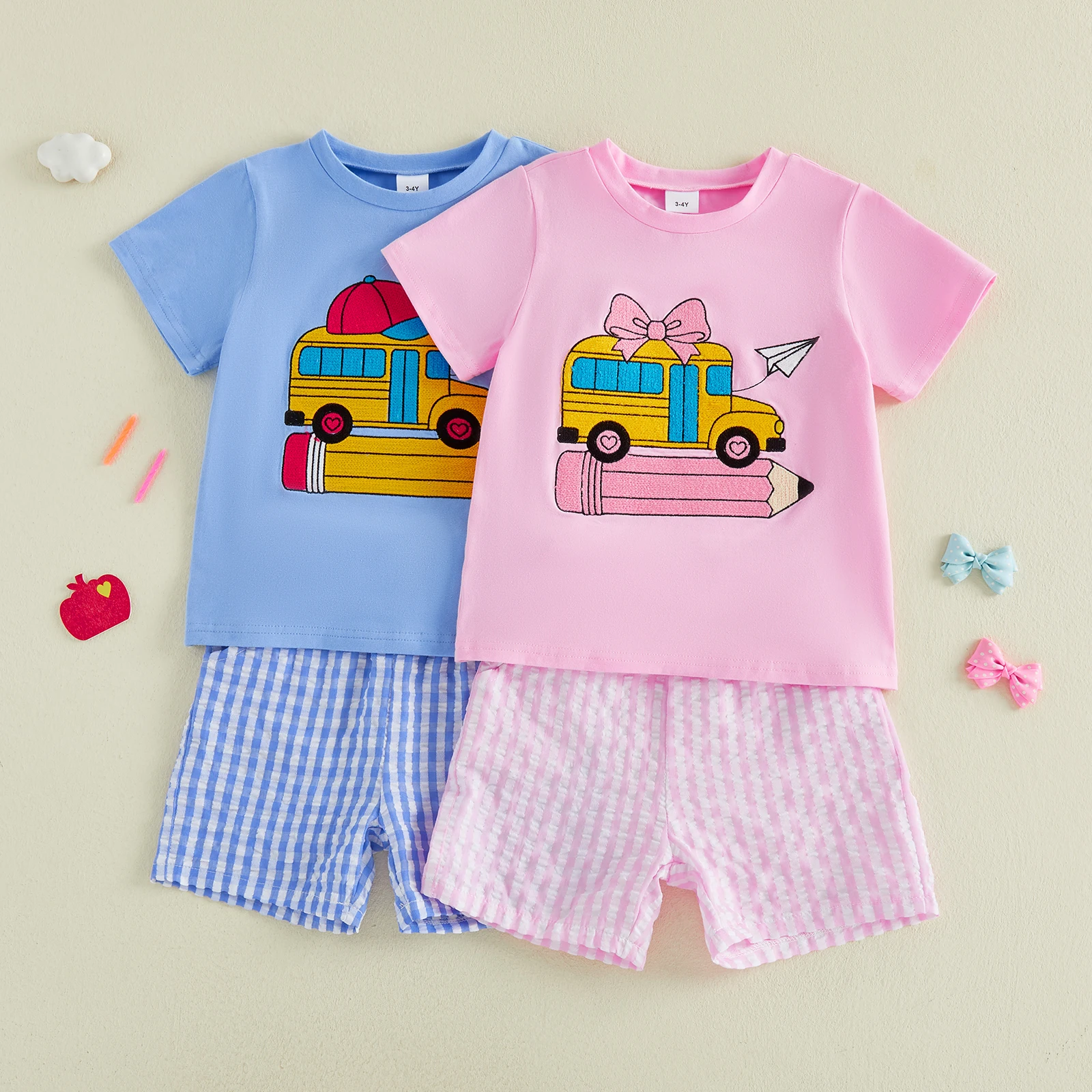 3-8Y Baby Back to School Outfits Bus Pencil Print Short Sleeve T-Shirt Plaid Shorts Set Cute Girls Boys School Clothes Set