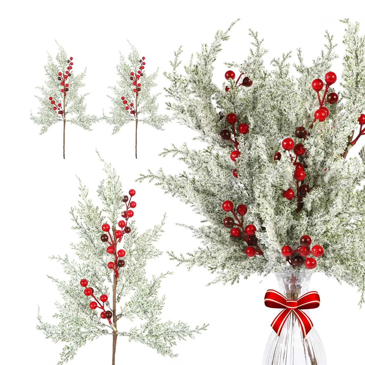 6Pcs Christmas Red Berries Stems Pine Branches with Snow 19Inch Frosted Faux Cedar Sprays Artificial Christmas Pine Tree