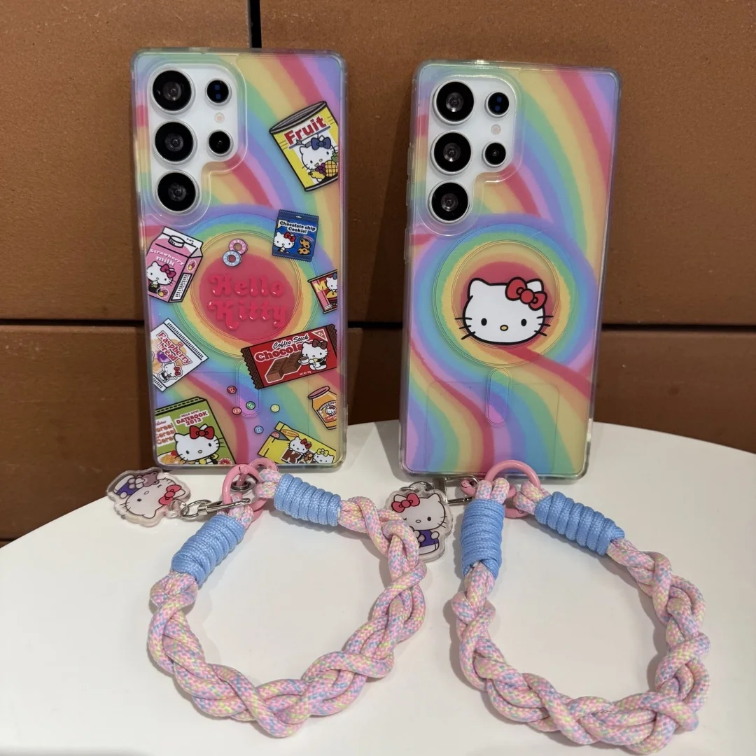 3D Fun Candy Hello Kitty with Magnetic Holder Case For Samsung Galaxy S23 S24 Plus S23 S25 Rainbow Color Wireless Charge Cover