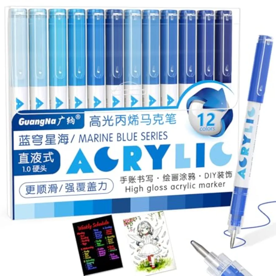 

Acrylic Gel Pens, 12 Pcs Liquid Ink Highlighter Markers, 1mm Fine Tip Acrylic Paint Markers for Coloring Books, Drawing, Journa