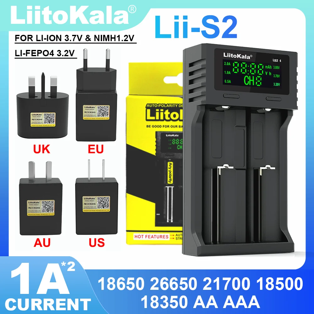 Liitokala Lii-S2 US EU AU UK 1.2V 3.7V Lithium Rechargeable Battery Charger for 3.8V 3.2V 18650 18350 18500 21700 26650 26700 AA